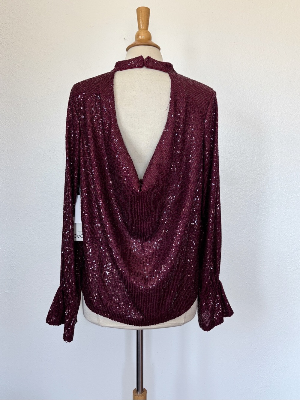 CeCe Burgundy Sequin Draped Open-Back Blouse